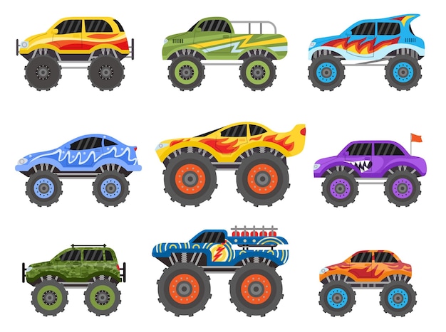 Caminhões monstro dos desenhos animados carros de corrida offroad extremos veículo monstertruck com chamas caminhão de brinquedo para crianças planas com conjunto de vetores de pneus de roda grande