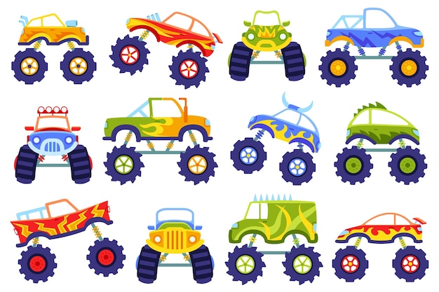 Caminhões monstro dos desenhos animados carros infantis com rodas grandes caminhão de corrida extrema e conjunto de ilustração vetorial de veículos pesados