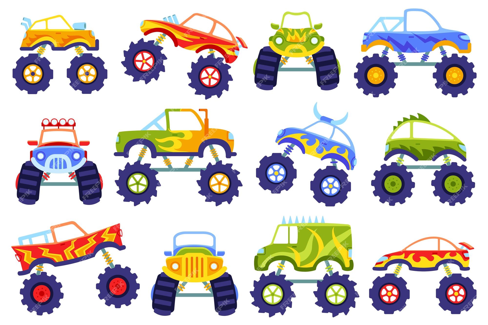 Caminhão Monstro. Carro De Desenho Animado Colorido Brilhante Com Rodas  Grandes. Carro Pesado Com Pneus Grandes E Janelas Coloridas Pretas. Isolado  Rali 4x4 Computador Ou Jogo Móvel Royalty Free SVG, Cliparts, Vetores