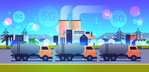 Caminhões-tanque de gás ou óleo dirigindo estrada 5g on-line sistema sem fio conexão suja resíduos poluídos ambiente produção tecnologia conceito zona industrial fundo horizontal plano