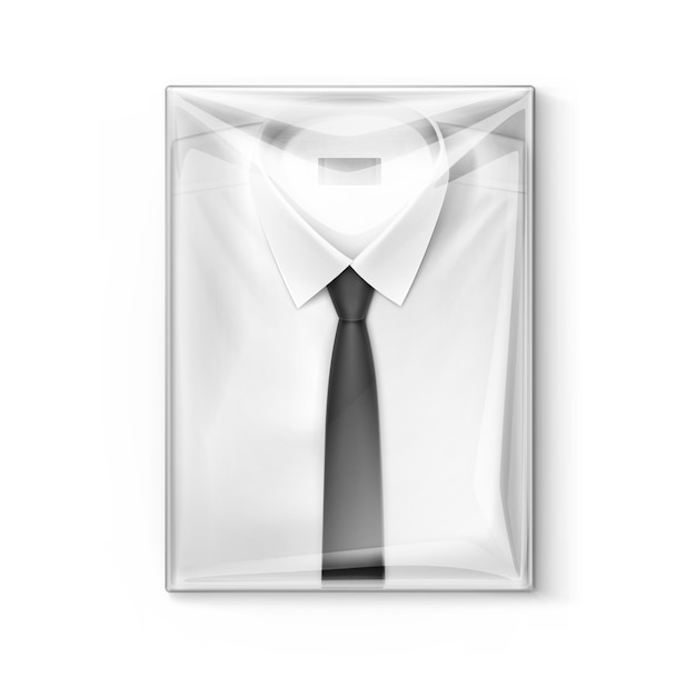 Camisa branca clássica masculina com gravata na caixa de embalagem transparente
