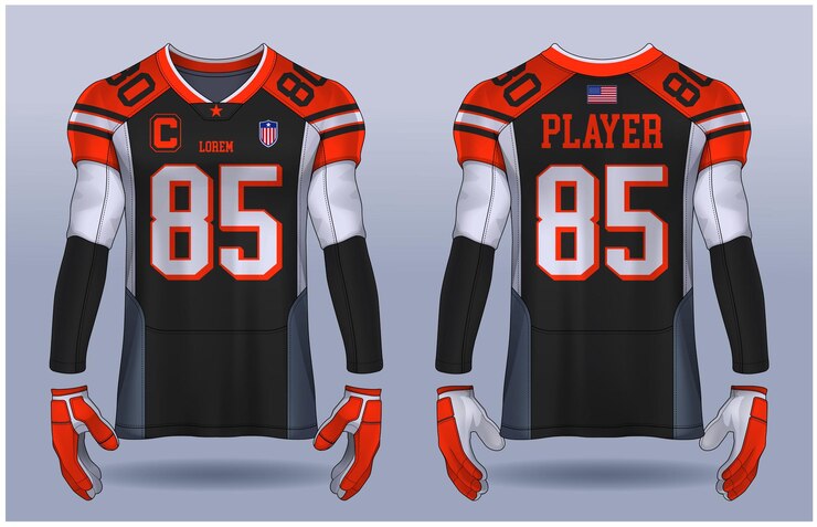 Vetor camisa de futebol americano modelo de design esportivo uniforme vista frontal e traseira