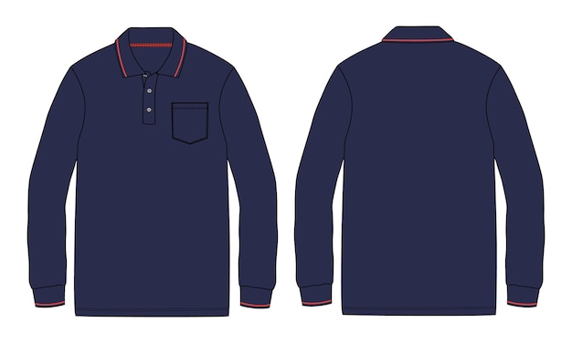 Camisa Polo de manga comprida Esboço plano de moda técnica Ilustração vetorial marinho Modelo de cor