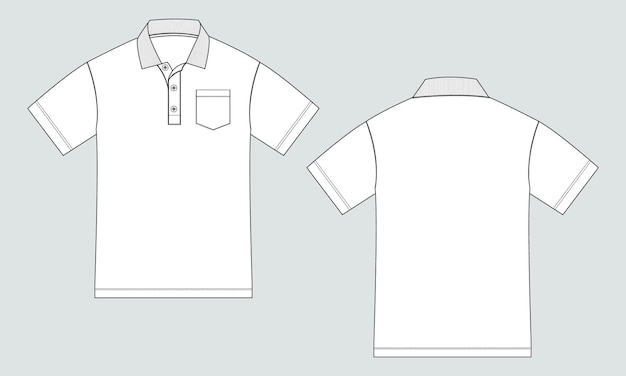 Vetor camisa polo de manga curta esboço plano modelo de ilustração vetorial vista frontal e traseira.