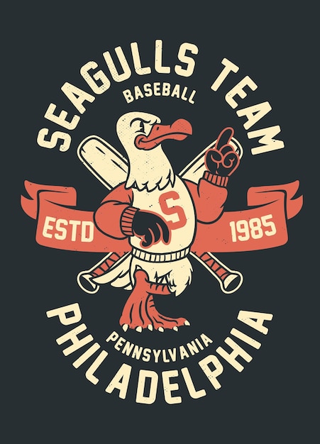 Vetor camisa vintage do time esportivo de beisebol seagulls em estilo retrô