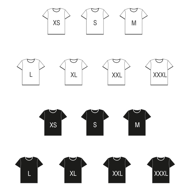Camisas pretas e brancas com tamanhos isolados sobre um fundo branco