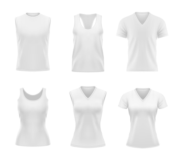 Vetor camiseta branca dos esportes para homens e mulheres. camisetas, camisetas com mangas curtas, modelo com decote redondo e triangular. vestuário vazio, sportswear realista 3d