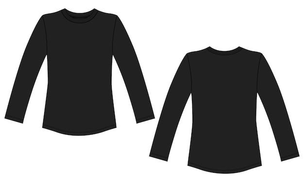 Camiseta de manga comprida ilustração técnica plana esboço vetorial modelo de cor preta para senhoras