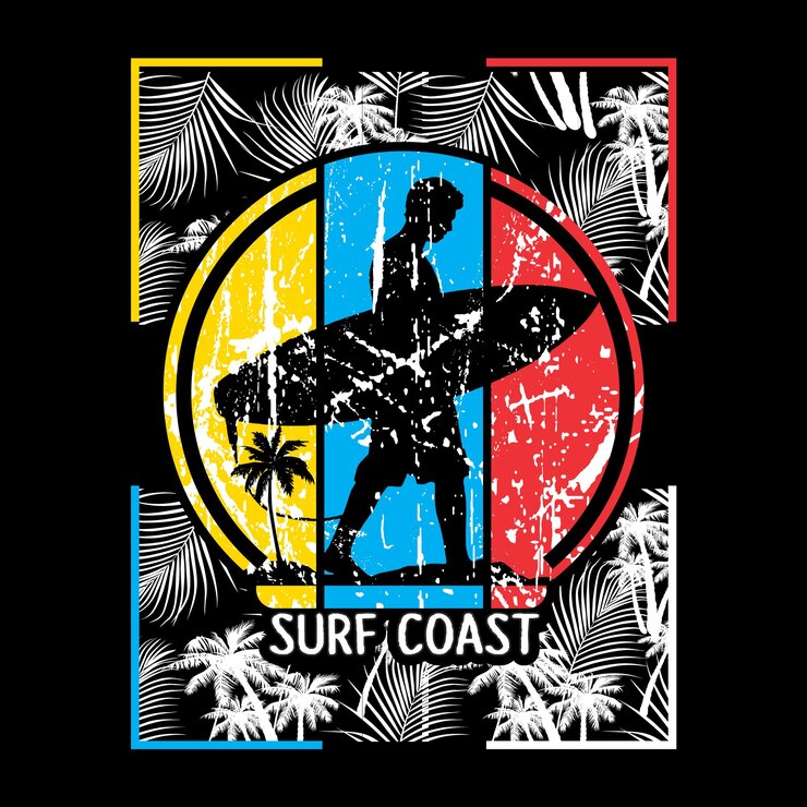 Vetor camiseta estampada de surf com fundo de palmeiras e belo pôr do sol.