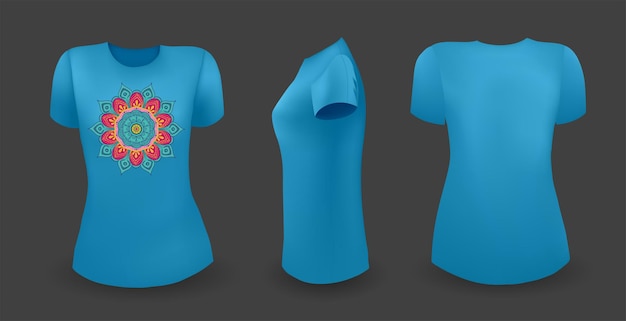 Vetor camiseta feminina azul com mandala frontal, traseira e vista lateral