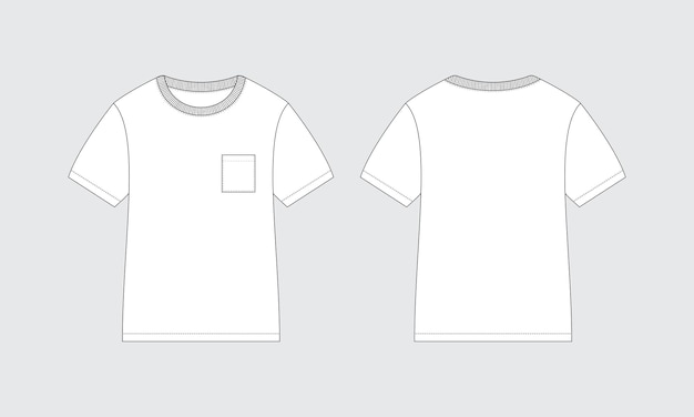 Camiseta infantil gola careca com maquete de modelo de vestuário plano de ilustração técnica de moda de bolso