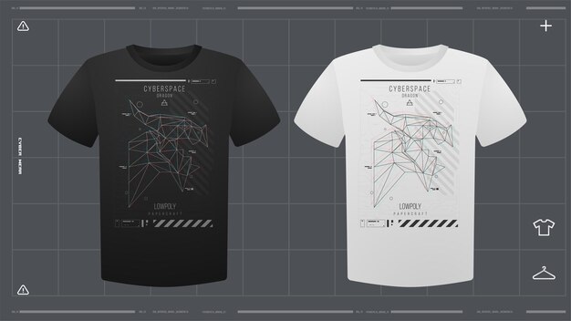 Vetor camiseta masculina com maquete de impressão futurista modelo vetorial de vista frontal cyber hud design print