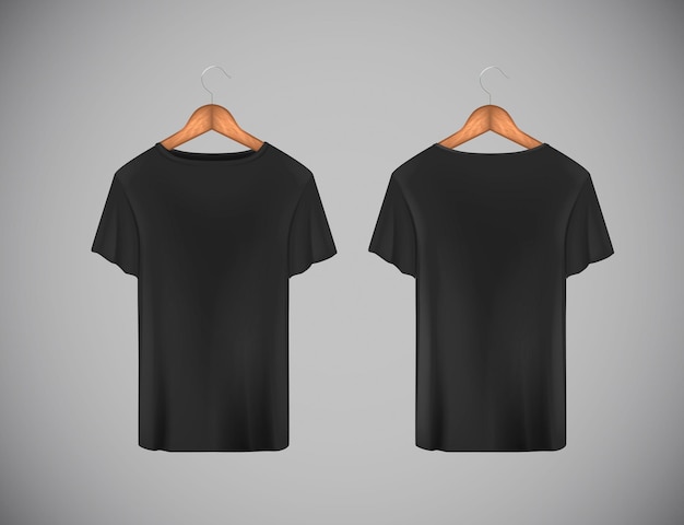 Camiseta masculina preta. Maquete realista. Modelo de camiseta de manga curta em fundo.