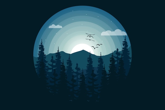 Camiseta natureza selva montanha noite lindo estilo ilustração