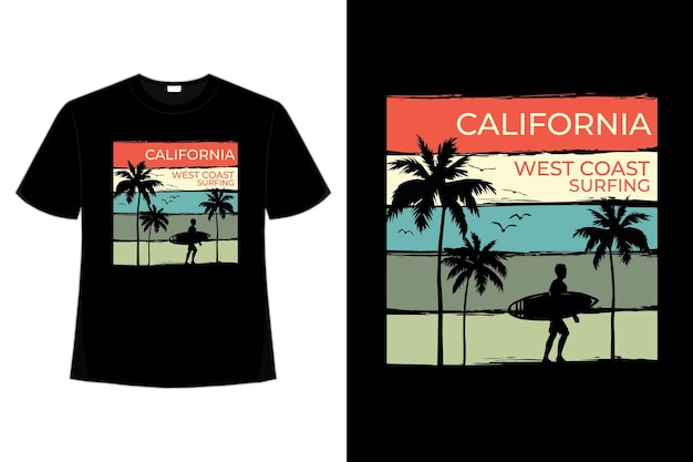 Camiseta praia da costa oeste da califórnia surf estilo retro vintage