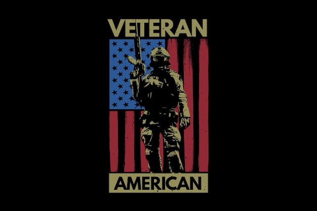 Camiseta soldado veterano bandeira americana tipografia ilustração vintage