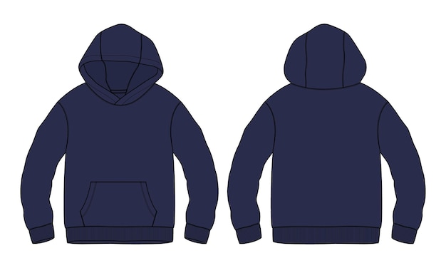 Camisola com capuz de manga comprida técnica de desenho plano de moda ilustração vetorial modelo de cor marinha