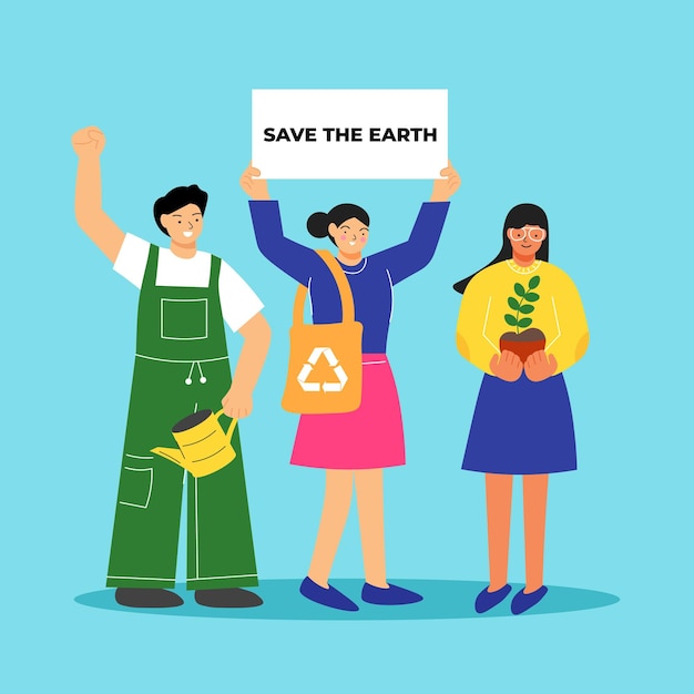 Vetor campanha de pessoas vetoras para o dia mundial do meio ambiente com mulher segurando sinal de salvar a terra