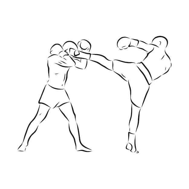 Campeão de boxe em pé e pronto para lutar. boxeador de homem. silhueta de lutador desenhado à mão desenho vetorial