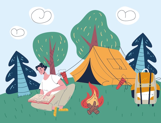 Campfire viagem caminhadas férias ilustração conceito doodle elemento de design de estilo de linha