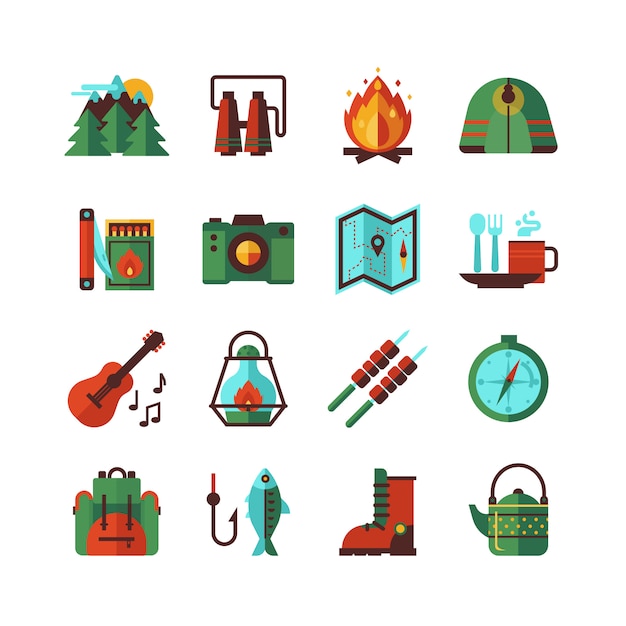 Camping caminhadas flat icons set