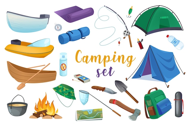 Camping d conjunto realista de elementos isolados de ilustração vetorial