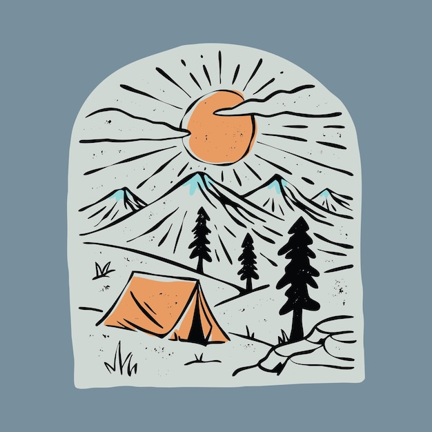 Camping e lindo nascer do sol ilustração gráfica arte vetorial design de t-shirt