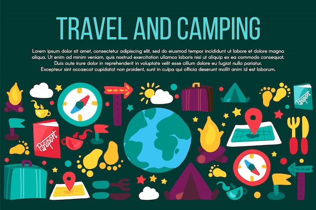 Camping e viagens banner plana com copyspace