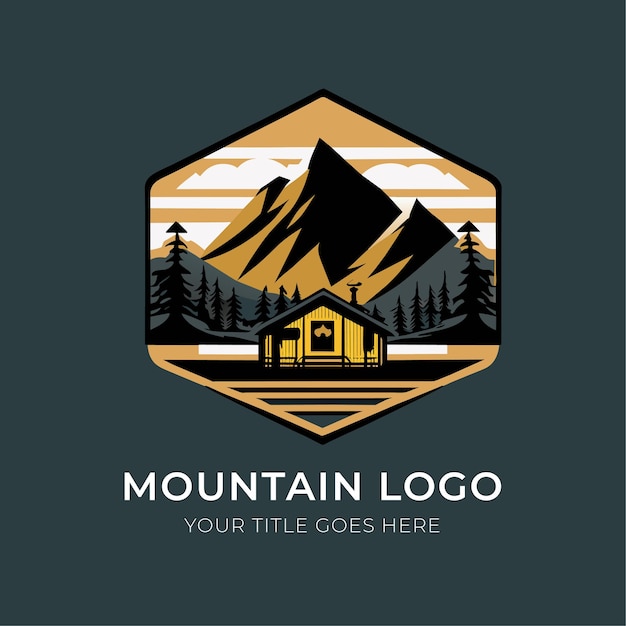 Vetor camping logo design modelo cabana de madeira com ilustração vetorial de montanhas