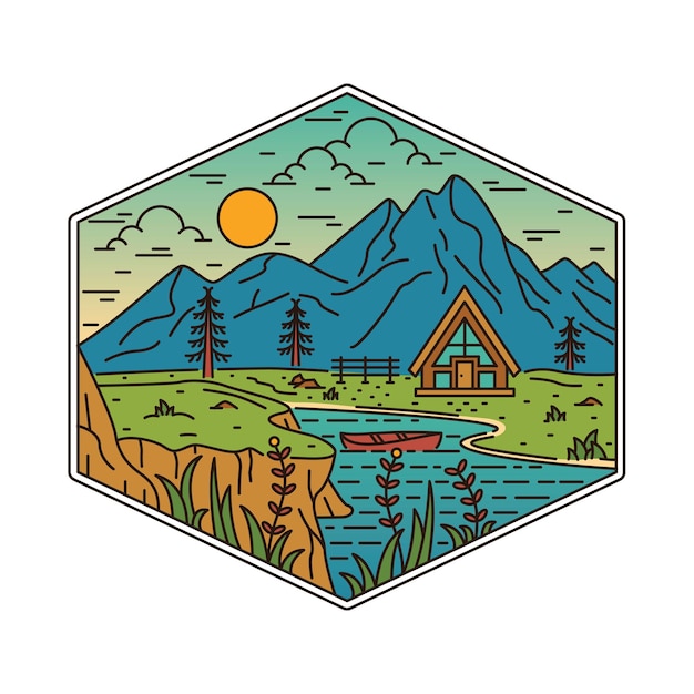 Camping natureza aventura linha selvagem emblema patch pin ilustração gráfica
