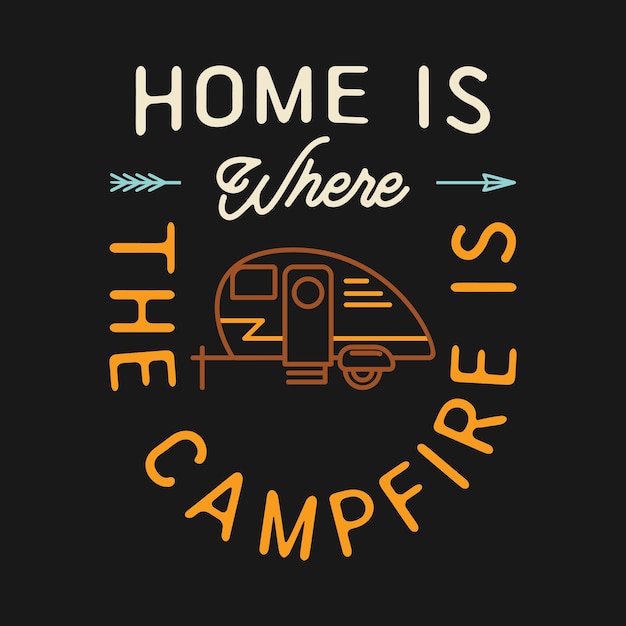 Camping t shirt design em estilo de arte de linha minimalista com quote home é onde a fogueira está viagens lineares emblema caminhadas etiqueta colorida vetor de estoque