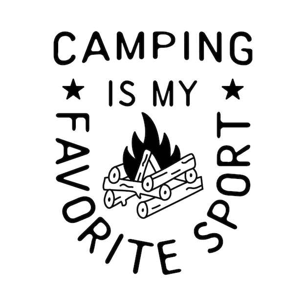 Camping t shirt design em estilo minimalista line art com citação camping é o meu favorito sport travel linear emblem caminhadas silhueta label stock vector badge