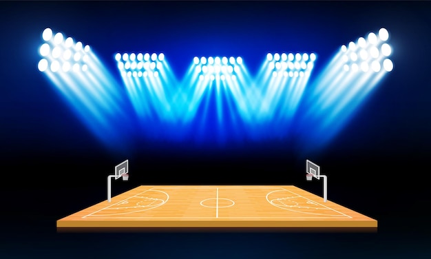 Vetor campo de arena de basquete com design de luzes de estádio brilhante iluminação vetorial