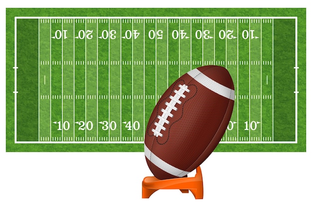 Vetor campo de futebol americano com bola realista de linha e ilustração vetorial de textura de grama