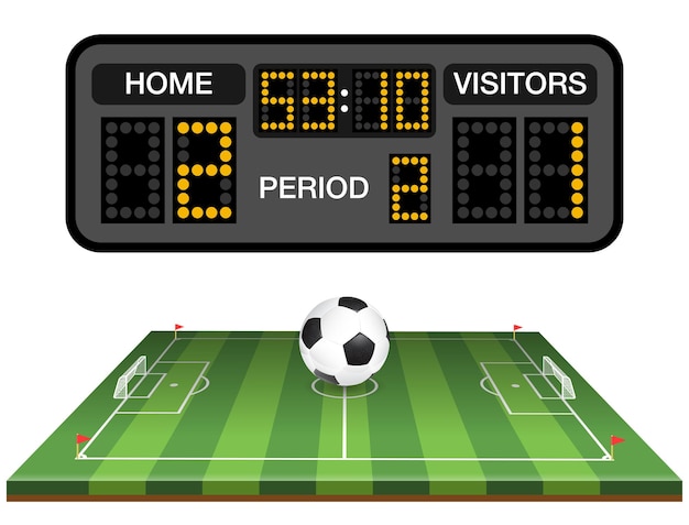 Vetor campo de futebol de futebol com bandeira de placar de futebol de bola e gol ícones realistas e planos
