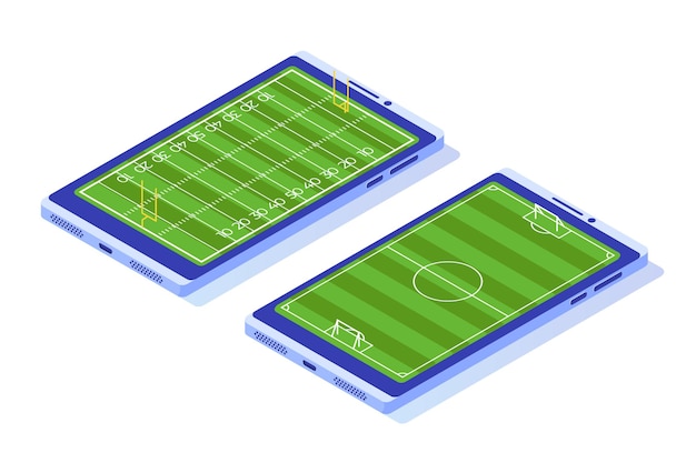 Vetor campo de futebol isométrico no smartphone.