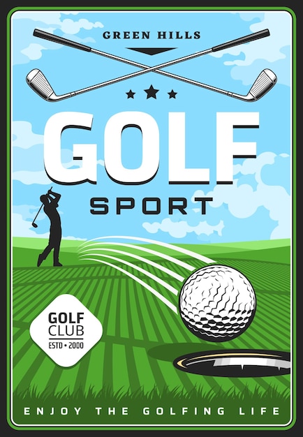 Vetor campo de golfe com cartaz retrô do clube de bola de golfe