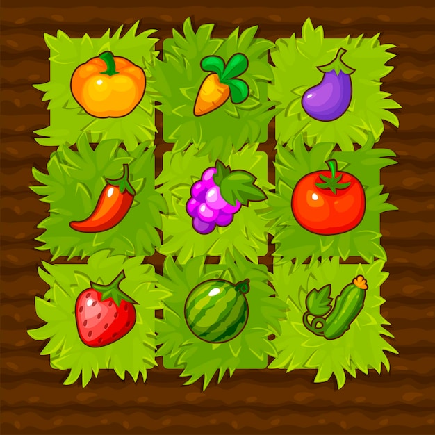 Campo de jogo de fazenda de vetor combina 3 com vegetais. Jogando camas verdes com frutas.