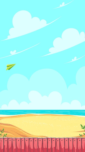 Campo de jogo vertical avião de papel verde voando nas nuvens sobre a praia arenosa com cerca de madeira vermelha