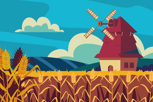 Vetor campo de trigo com moinho