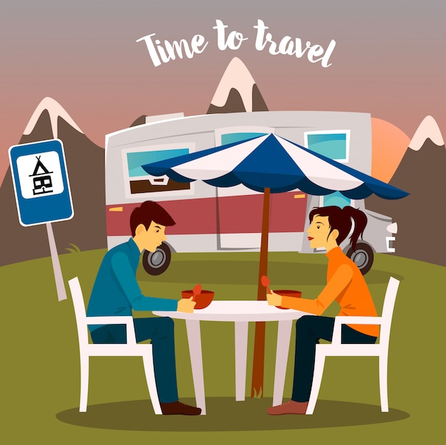 Campo de verão. homem e mulher sentada perto do campista. hora de viajar. ilustração vetorial