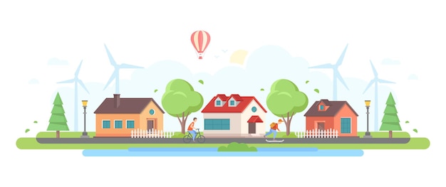 Campo - ilustração em vetor estilo design plano moderno sobre fundo branco. Uma composição com lindas casas, árvores, moinhos de vento, lanternas, lagoa, skatista e menino de ciclismo, balão de ar quente no céu