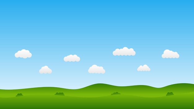 Vetor campo verde com nuvem branca na cena de fundo de paisagem de céu azul