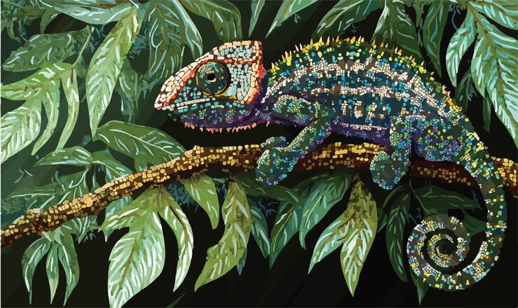 Vetor camuflagem de camaleão em uma paisagem em mosaico
