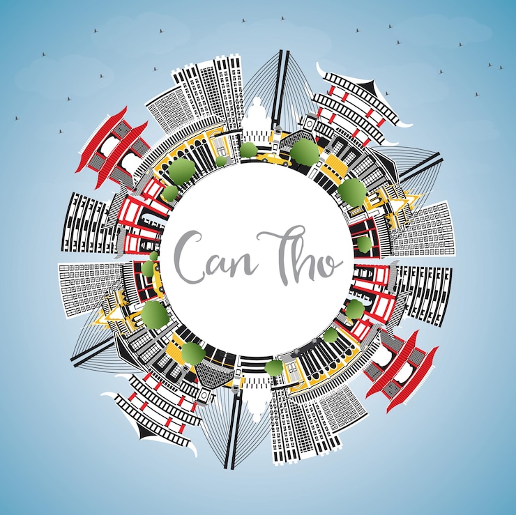 Vetor can tho vietnã city skyline com gray edifícios, céu azul e espaço de cópia. ilustração vetorial. viagem de negócios e conceito de turismo com arquitetura histórica. can tho cityscape com pontos de referência.
