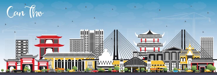 Vetor can tho vietnã city skyline com gray edifícios e azul céu. can tho cityscape com pontos de referência.