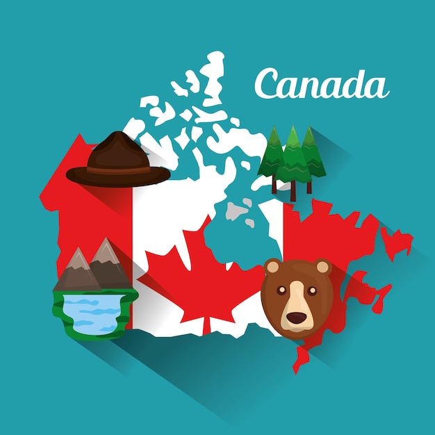 Vetor canada bandeira mapa chapéu urso lago montanha