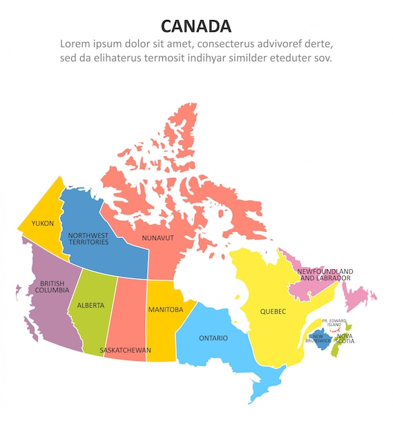 Canadá mapa multicolorido com as regiões.