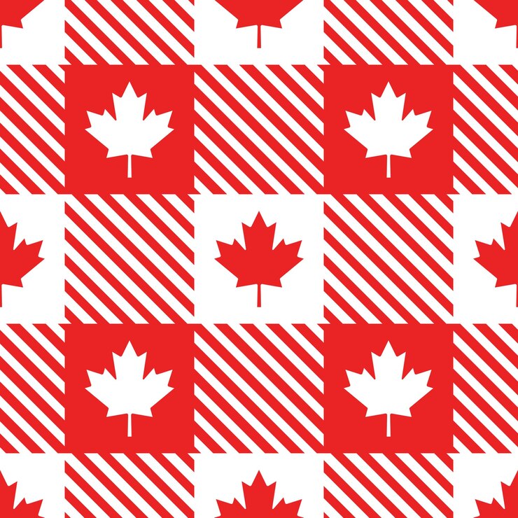 Vetor canadá padrão sem emenda de vetor. folhas de plátano em fundo xadrez de lenhador nas cores vermelhas e brancas.