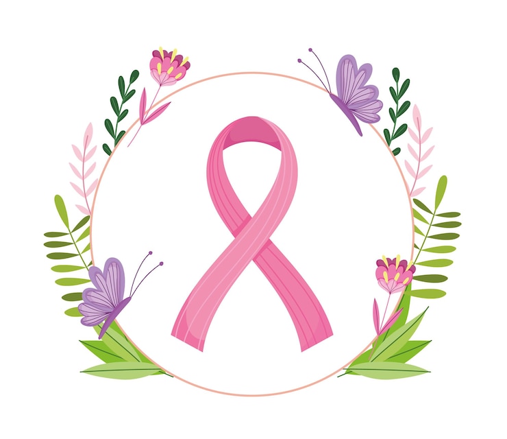 Vetor câncer de mama fita rosa borboletas flores folhagem banner estilo ilustração